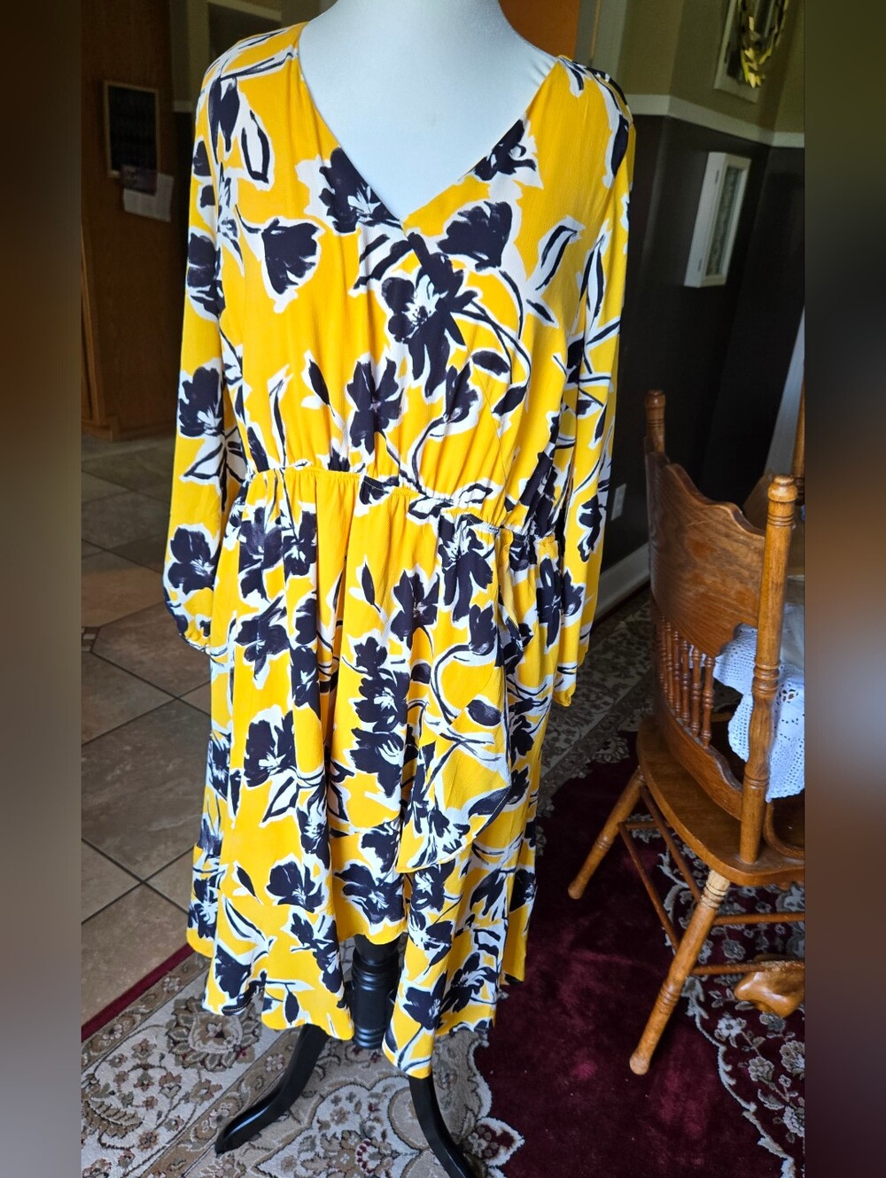 BeautiCurve X Lane Bryant Yellow and Black Floral Long Sleeve Dress